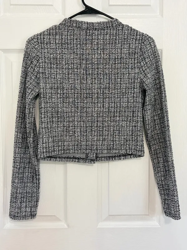 H&M Tweed Plaid Cardigan Jacket Black White Cropped Preppy Quiet Luxury Academia XS - Image 3