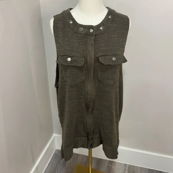 Free People‎ Olive Green Knit Sleeveless Tunic Vest Grommet Neck Womens Small - Image 2