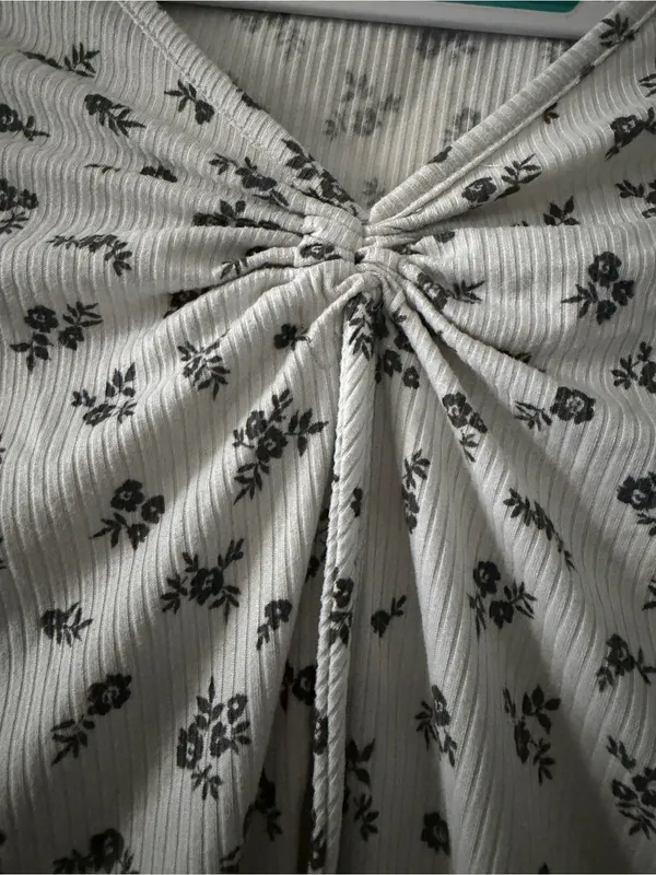 Floral Ribbed Tie Front Top Medium Cottagecore Fairycore Boho - Image 5
