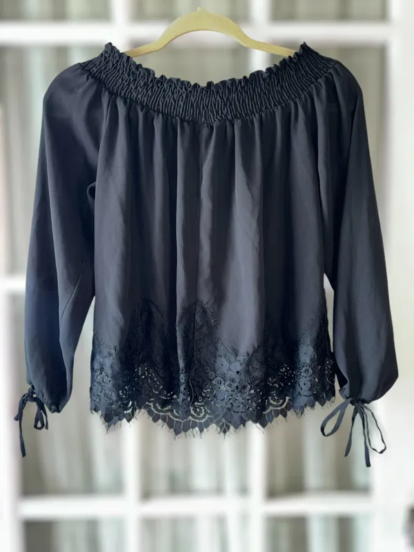 Wrangler Women’s Small Retro Black Frayed Lace Long Tie Sleeve Western Blouse - Image 3