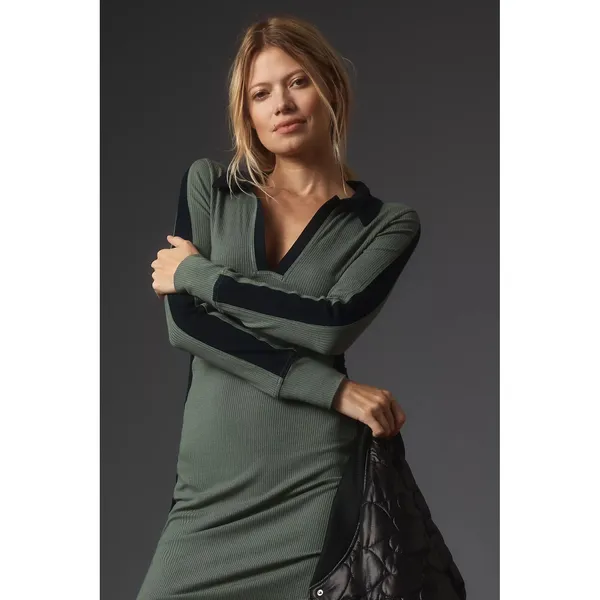 Anthropologie Daily Practice Women Dress L‎ Green Ribbed Ruched Polo Colorblock - Image 3