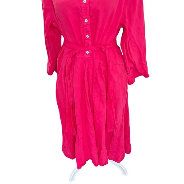 Rosso35 100% Linen Belted Midi Shirt Dress Fuchsia Pink Italy US 14 - Image 4