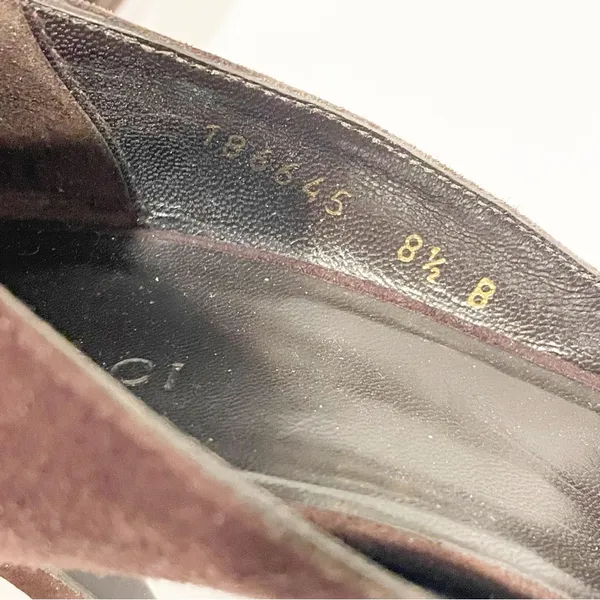 Gucci‎ Chocolate Brown Suede Gold Trim Peep Toe Classic Pumps Heels Size 8.5 - Image 8