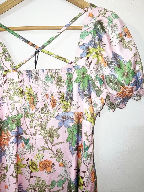 FOF Pink Floral Puff-Sleeve Short Sleeve Midi Summer Dress New - Image 9