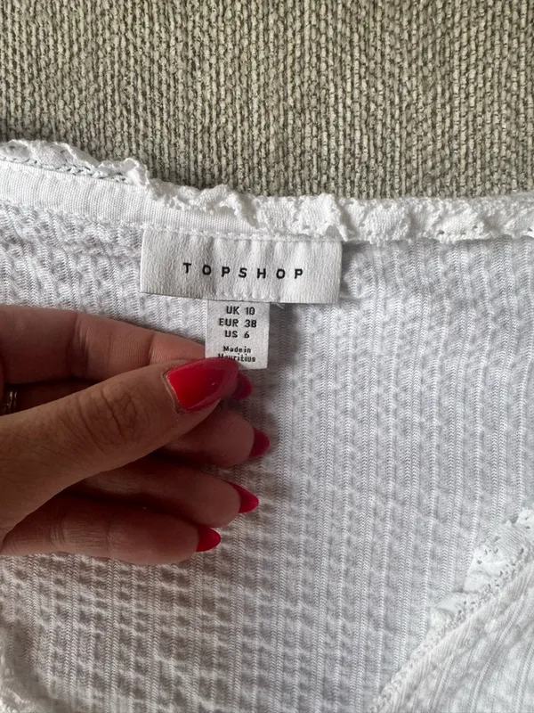 Topshop White Textured V-Neck Blouse with Crochet Trim - Image 3