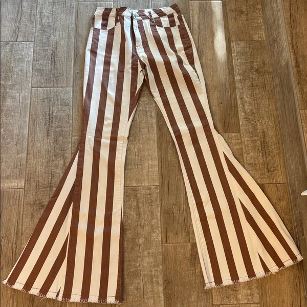 Wysteria Lane Brown & White Striped High-rise, flare jeans with a raw/frayed hem - Image 2