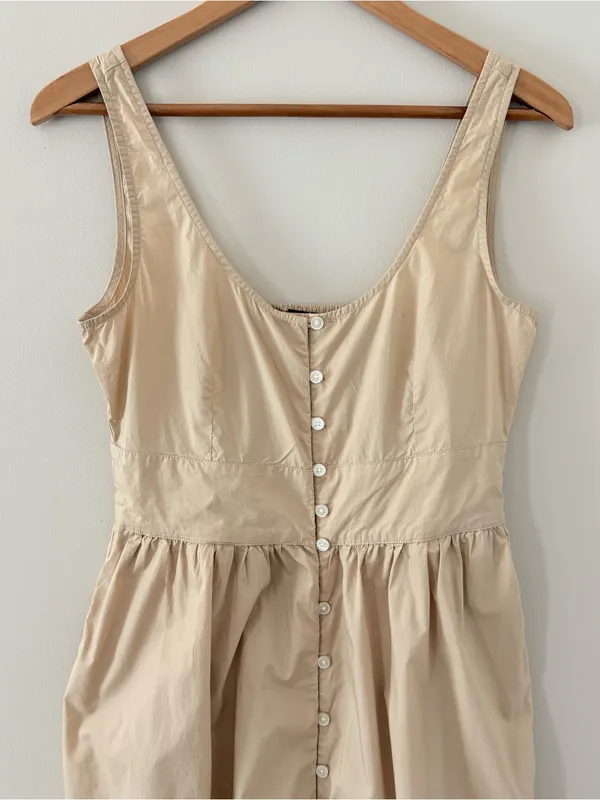 J Crew Button-front 100% cotton poplin midi dress smocked back sleeveless tan 4 - Image 4