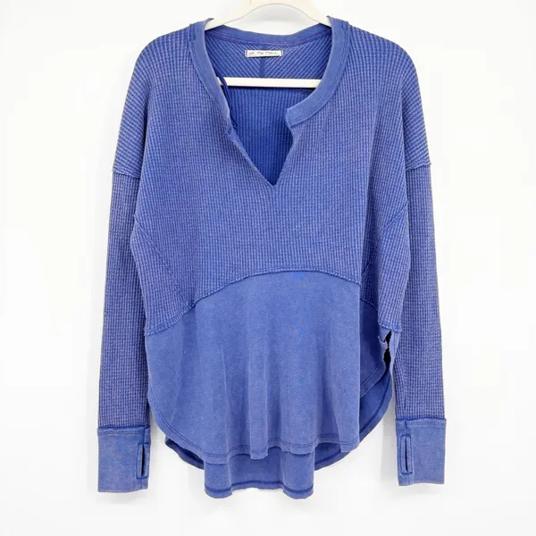 Free People Womens Monterey Thermal Indigo‎ Blue Boho Slouchy Oversized Top XS - Image 2
