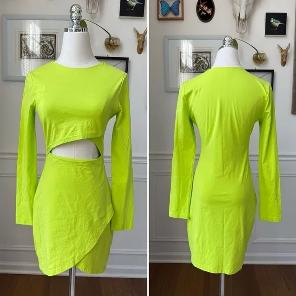 Superdown Kierra Mini Dress Neon Lime Long Sleeve Cut Out BodyCon S - Image 3