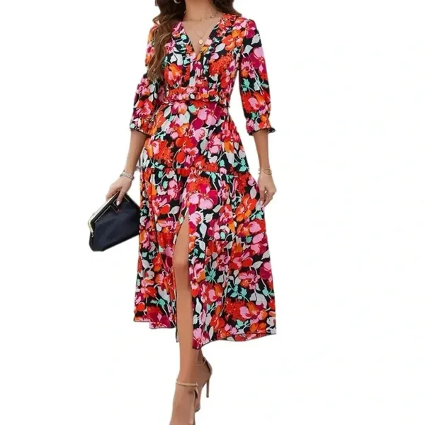 Floral Ruffle Trim A Line Dress Midi Length Boutique Dress Side Slit in Multi - Image 7