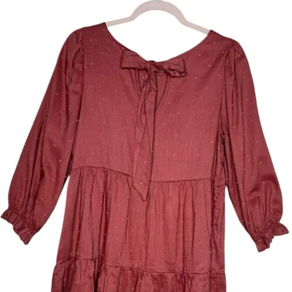 Anthropologie Rust Swiss Dot Tiered Mini Dress Long Sleeve Babydoll M - Image 4