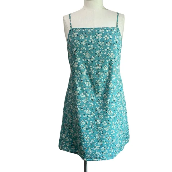 American Eagle Blue Floral Tie Back Mini Dress Size L Square‎ Neck Sundress - Image 3