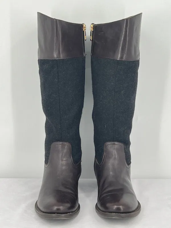 Tommy Hilfiger Madelen 2 Brown Leather Charcoal Wool Gold Logo Riding Boots 9.5 - Image 2