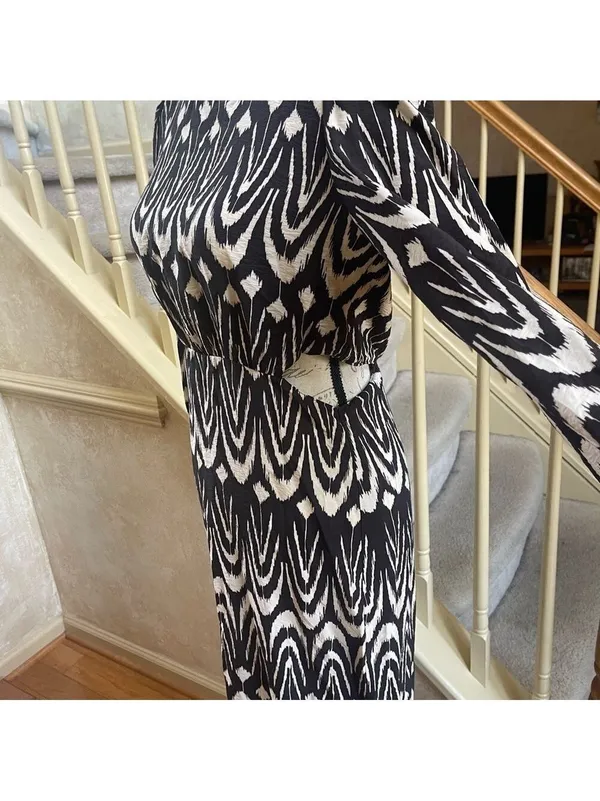 Zara Printed Midriff Cutout Brown Cream Ikat Tribal Puff Sleeve Maxi Dress Sz S - Image 10
