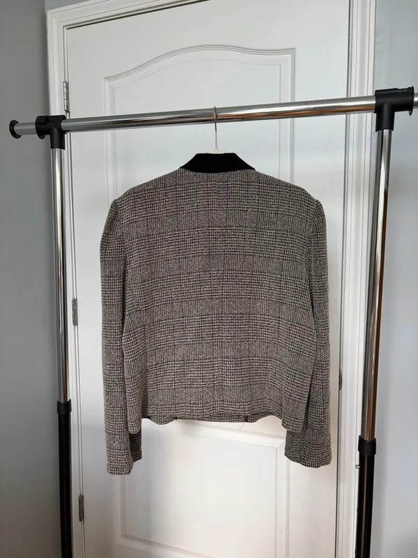 Women’s Gray Plaid Double-Breasted Blazer with Black Collar - Image 3