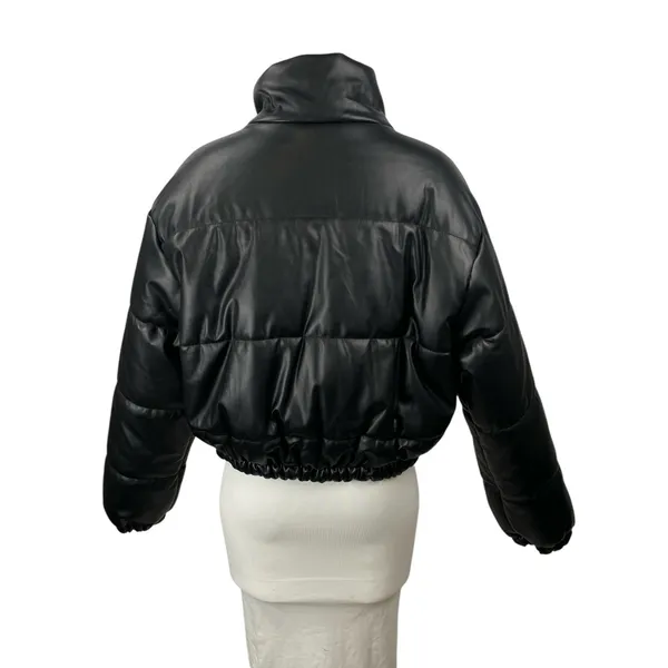 Le Lis Black Faux Vegan Leather Quilted Long Sleeve Crop Puffer Coat Jacket Sz L - Image 4
