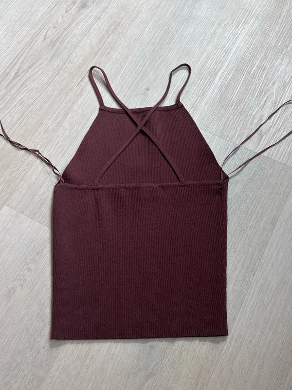 Zara Ribbed Strappy Halter Tank - Burgundy - Image 3