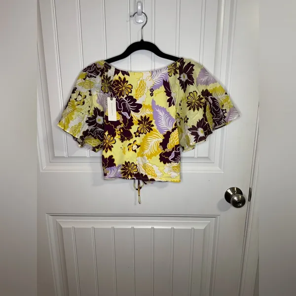 Anthropologie Maeve Purple and Yellow Floral Flutter Sleeve Cinched Top - Image 7