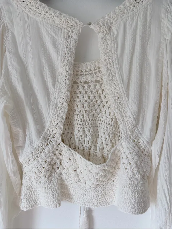 Free People Megan Crochet Top Creamy White Boho Long Sleeve Blouse size large - Image 8