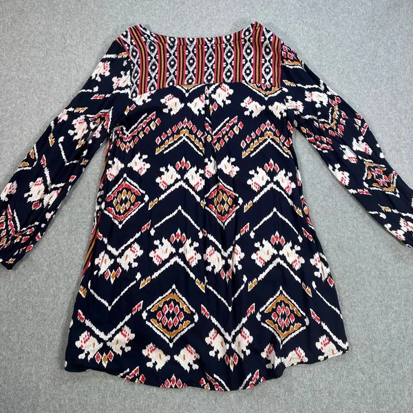 Roxy High Low Tunic Blouse Size Small 3/4 Sleeve Blue/Orange Southwestern - Image 10