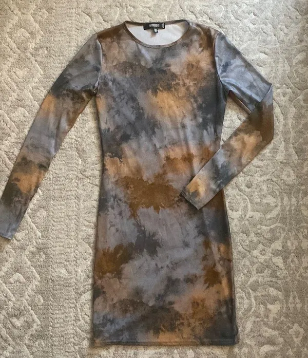 Brown Tie-Dye Rib Crew Neck Mini Dress - Image 2