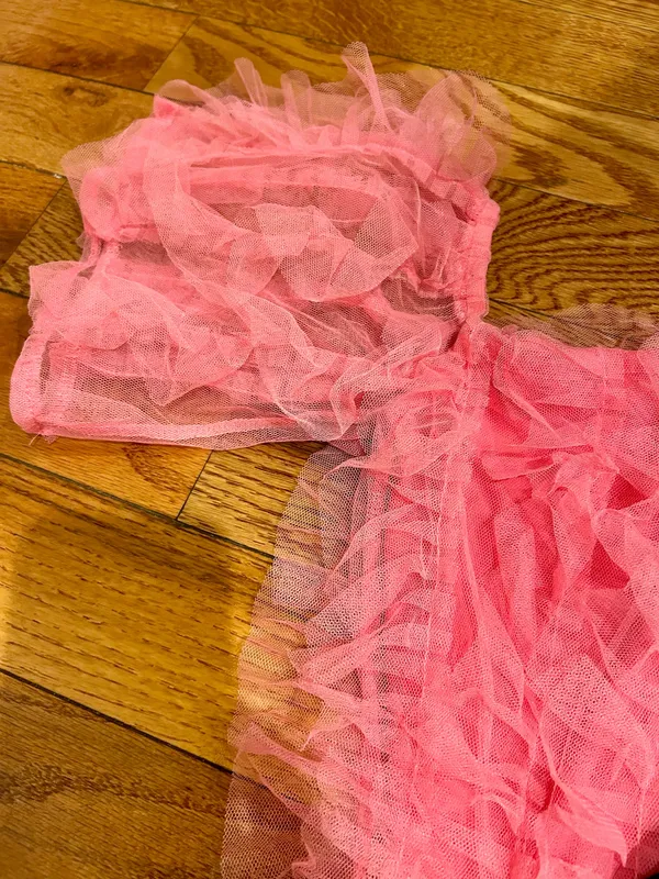 Michella vintage 1990s Barbiecore off the shoulder tulle pink/black bow dress M - Image 9