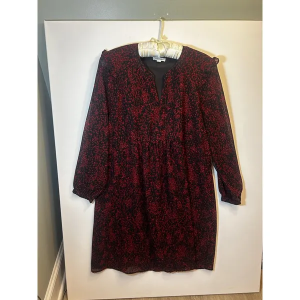 BeachLunchLounge XL Red Black Print Ruffle Long Sleeve Lined Chiffon Shift Dress - Image 2