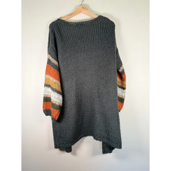 Davi & Dani Charcoal Grey Chunky Knit Striped Balloon‎ Sleeve Cardigan Medium - Image 4