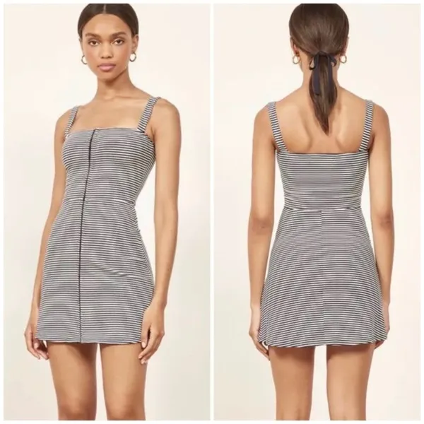 Reformation Nellie Hook Eye Striped Mini Dress Black White XS Elevated Basics - Image 2