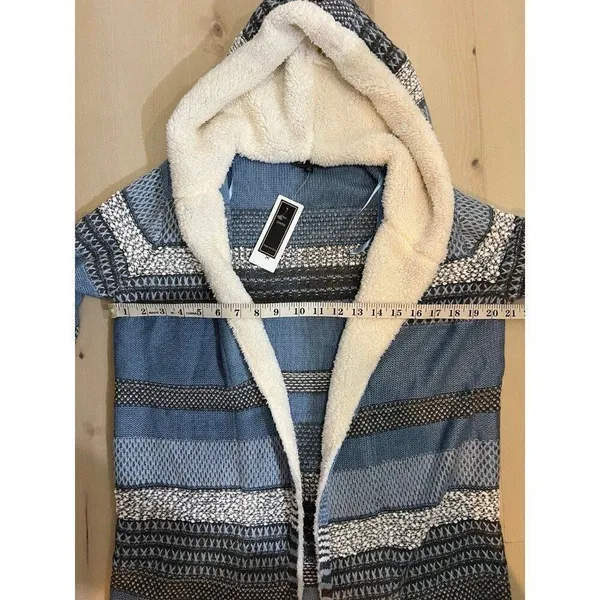 Lety Me Zola NWT Medium Blue Hood Teddy Plush Sherpa Trim Faux Fur Cardigan Fall - Image 8