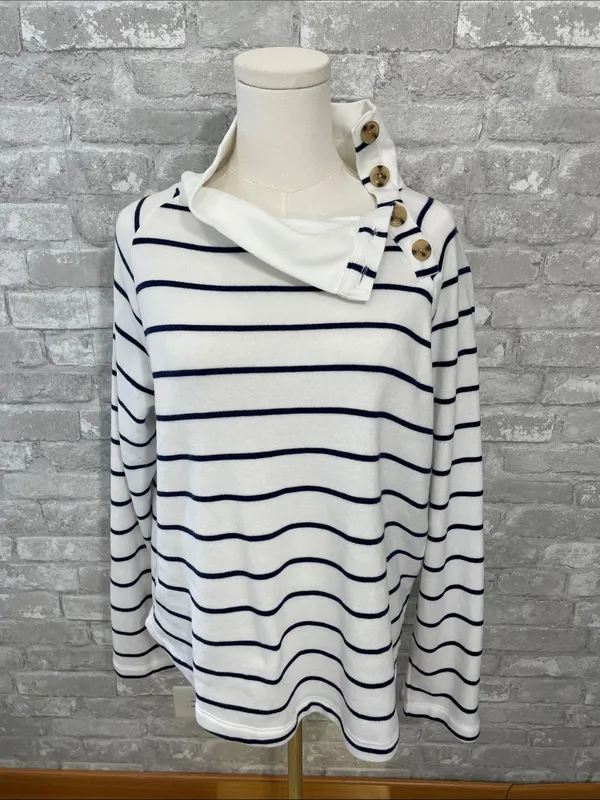 J. Crew White & Navy Striped wide button-collar pullover sweatshirt - Image 2