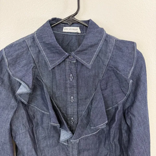 Avec Les Filles Shirt Womens Size Small Blue Denim Ruffle Front Cropped Top - Image 2