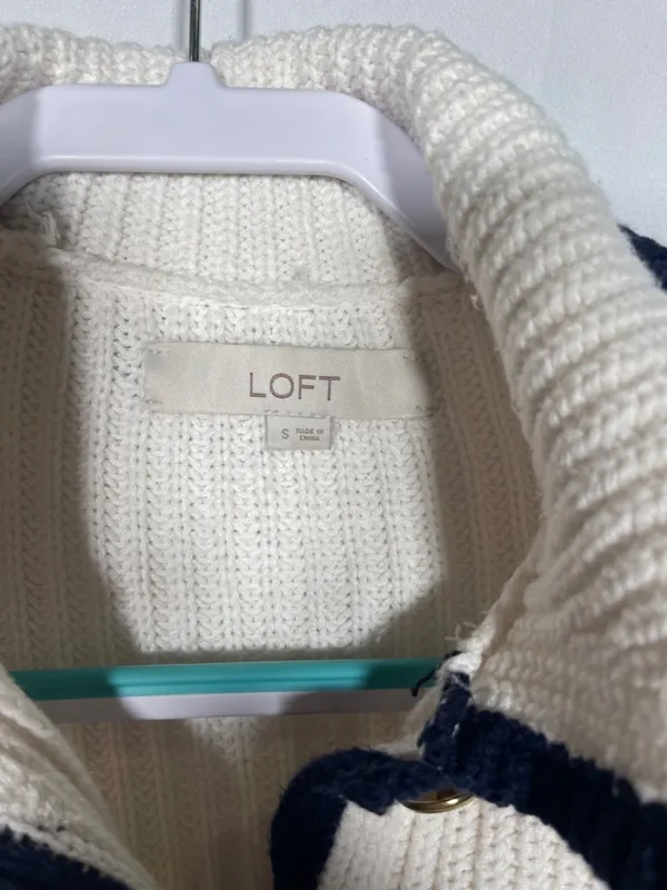 Loft Womens Tipped Ribbed Button Down Sweater Cream Navy Small - Image 4