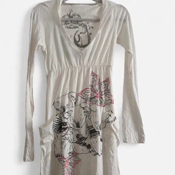 Vintage Y2K Key Closet White Koala Graphic Tunic Dress Hooded small - Image 2