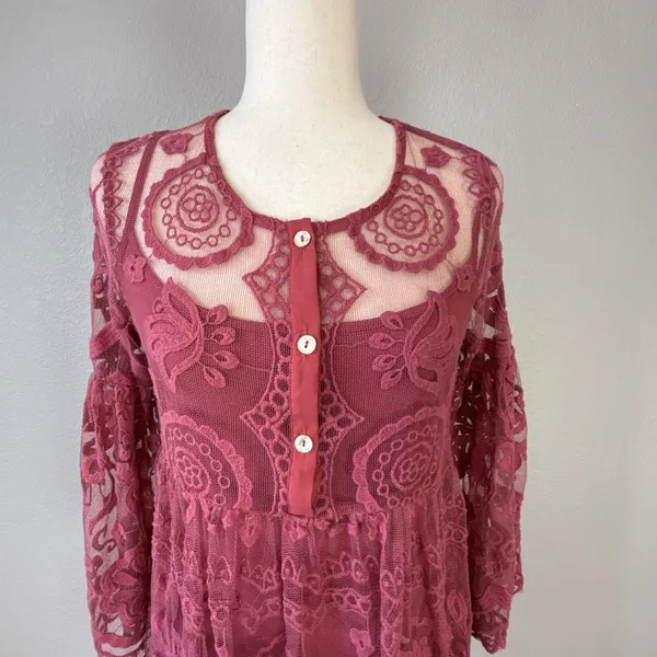 Free People Jens Pirate Booty El Sol Dark Rose Lace Babydoll Mini‎ Dress Size S - Image 4
