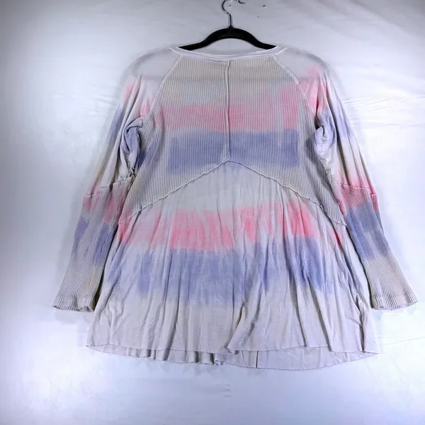 POL Tie Dye Ribbed V-Neck Peplum Long Sleeve Top Pink Purple RCT961A Medium - Image 7