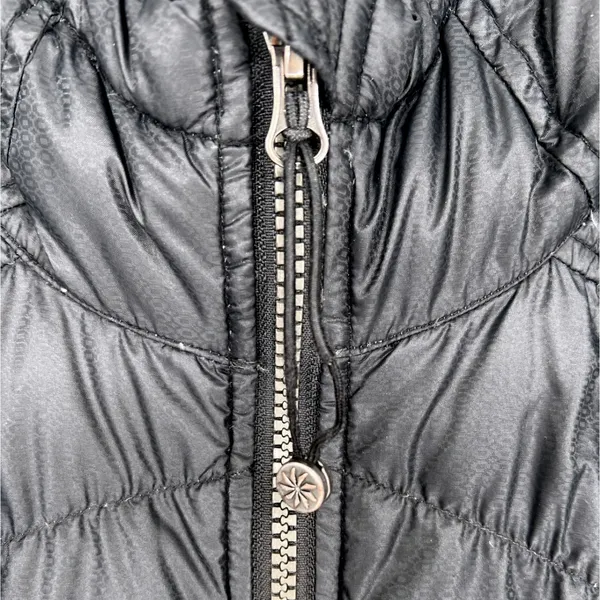 Athleta Goose Down Jacket Black XL‎ Hooded Packable Puffer GUC Mended Hole - Image 2