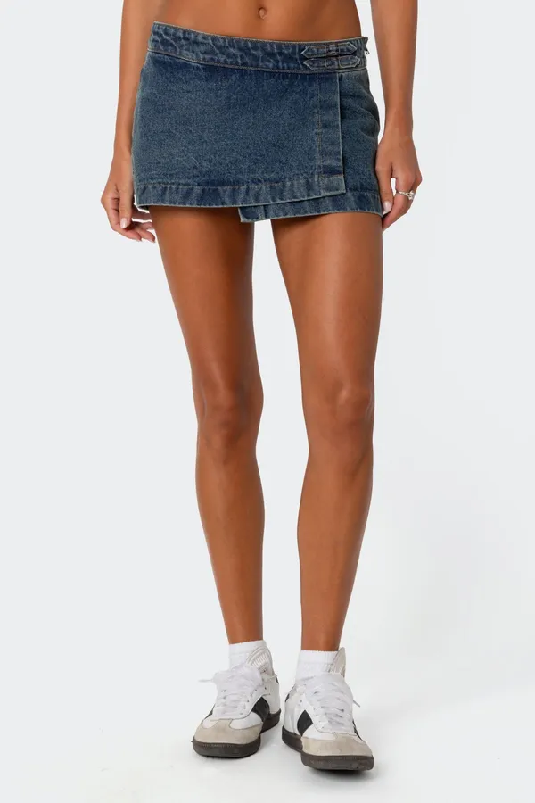 Edikted Asymmetric Denim Wrap Skort - Image 2