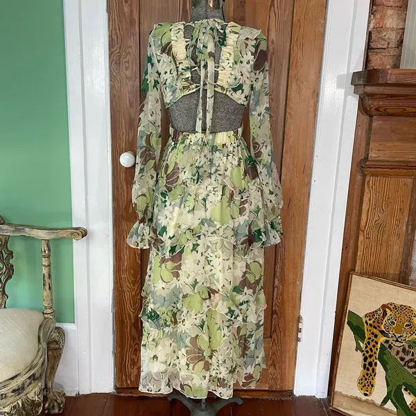 NWT ASOS DESIGN Tiered Ruffle Floral Strappy Lace Up Back Midi Dress ~ 6💛 - Image 9