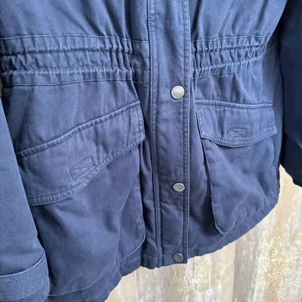 BCBGeneration Navy Blue Hooded Faux Fur Trim Anorak Parka Coat Large - Image 4