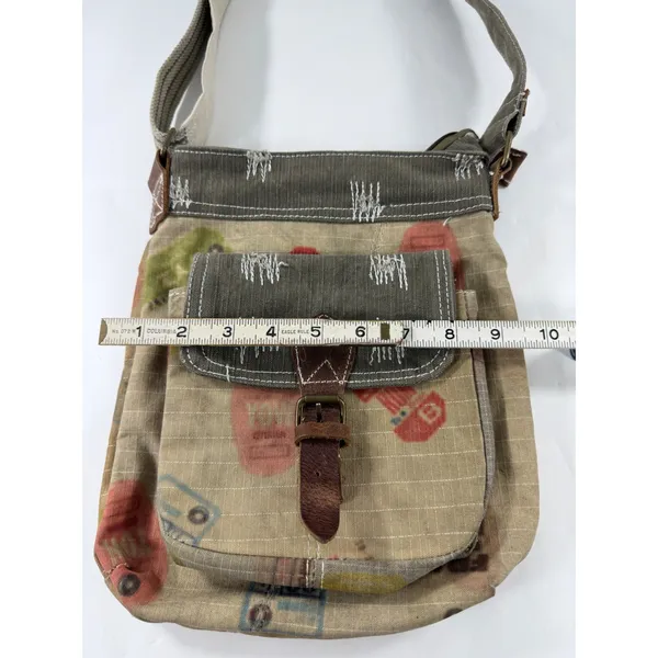 Canvas Patchwork Crossbody Bag Olive Tan Distressed Military Style Messenger - Image 5