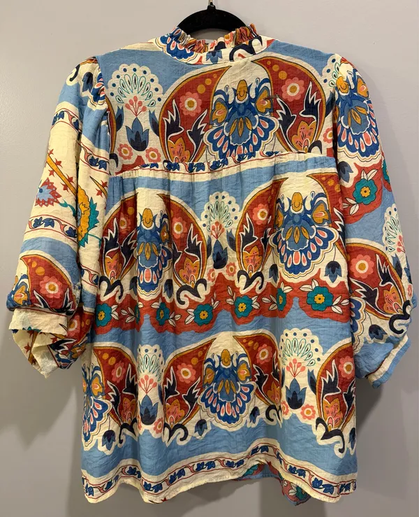 Umgee Bohemian Puff Sleeve Patterned Colorful V-Neck Blouse - Image 5