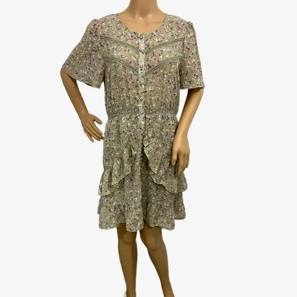 LoveRiche Boho Chic Women’s Sz M Ruffle Dress Mini Button Front Floral Crochet - Image 2