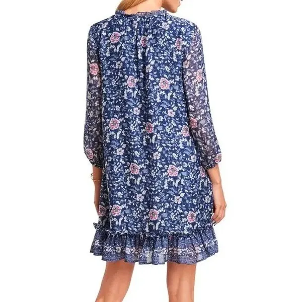 Vineyard Vines Silk Floral Shift Dress Women L Navy Coastal Preppy‎ Romantic - Image 3