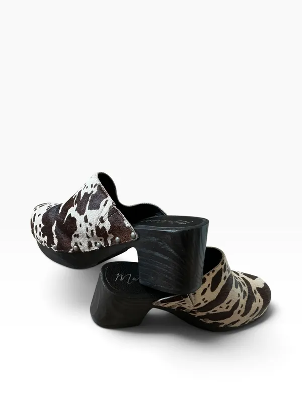Matisse chunky wooden heel cow hair leather clogs brown and white slip on mules - Image 7