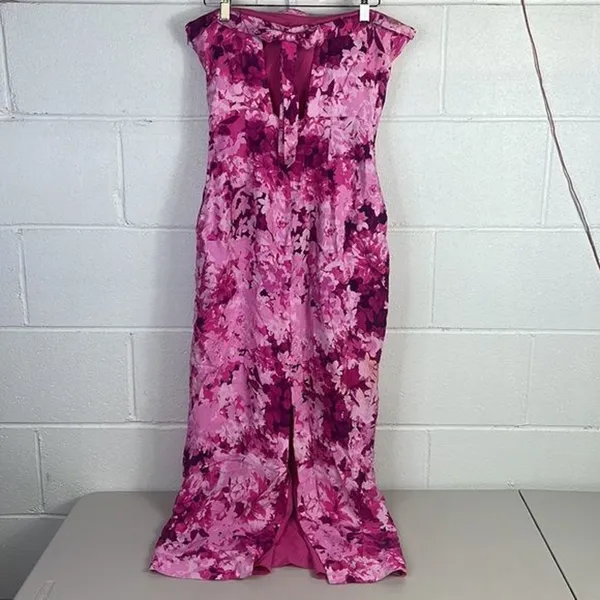 Monique Lhuillier RTR Floral Faille Dress sz 8 Strapless Fushia Cut out Back - Image 6
