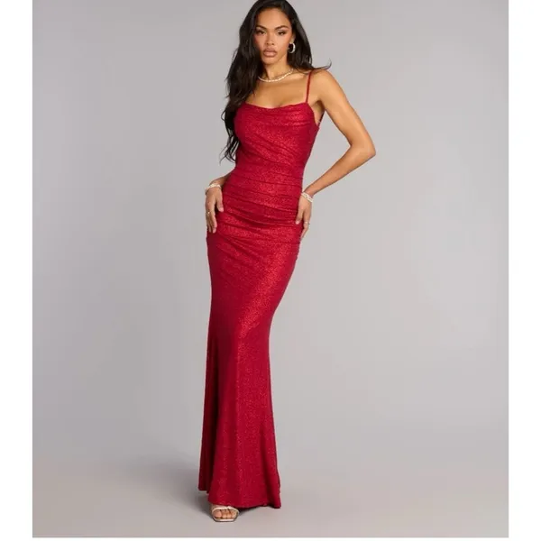Windsor Red Glitter Ruched Bodycon‎ Maxi Dress Formal Prom Evening XS - Image 9