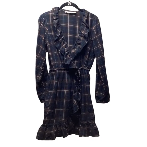 Sunner Navy plaid Cotton Ruffle wrap dress. Size Medium Blue - Image 5