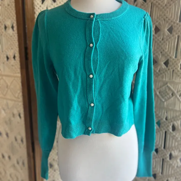 Free People Cashmere Teal Pearl Button-Up Cardigan Sweater - Image 2
