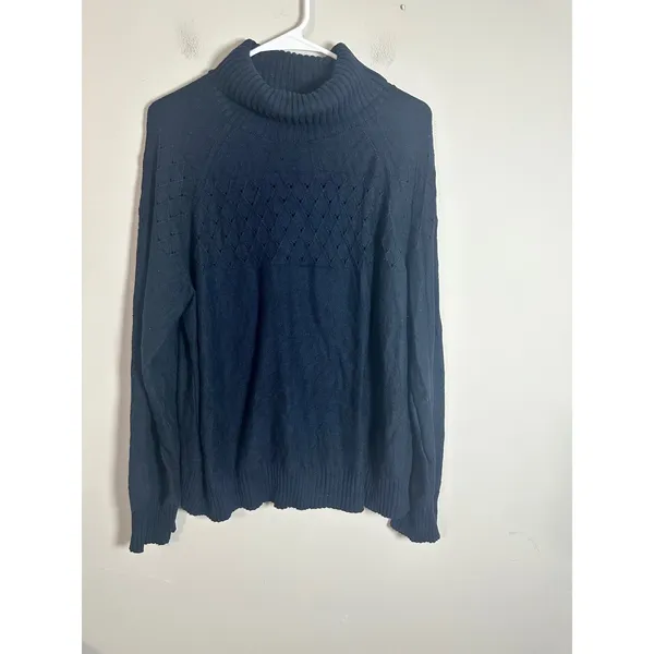 Banana Republic Navy Blue Pointelle Diamond Knit Turtleneck‎ Sweater XL Womens - Image 2